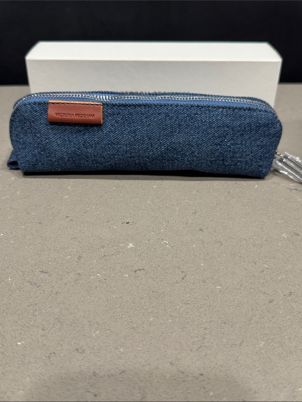 Victoria Beckham Dark Blue Denim Zip Pencil Case with box. New/Unused